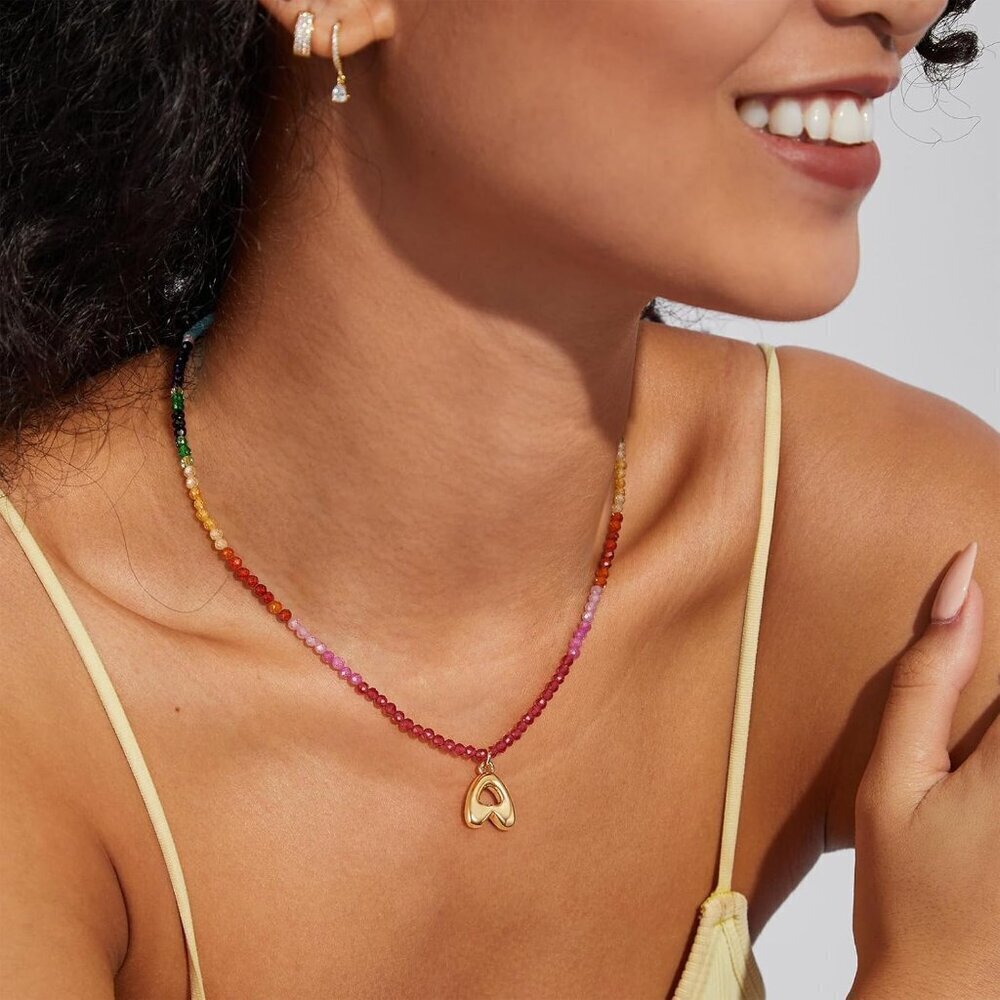 Beaded Initial Necklace Women Gold Plated Rainbow Gemstone Choker Summer Beach J - Picture 2 of 7